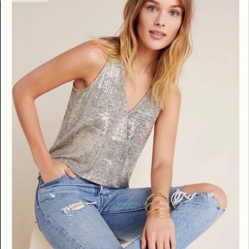 Anthropologie Sabrina Shimmer Faux Wrap Metallic Gold Sleeveless Tank Top Small